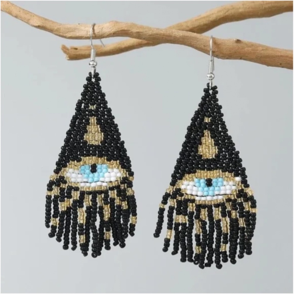 ❤️❤️FREE Evil Eye Beaded Tassel Fringe Drop Hipster Chic Glam Drop Vaca Earrings